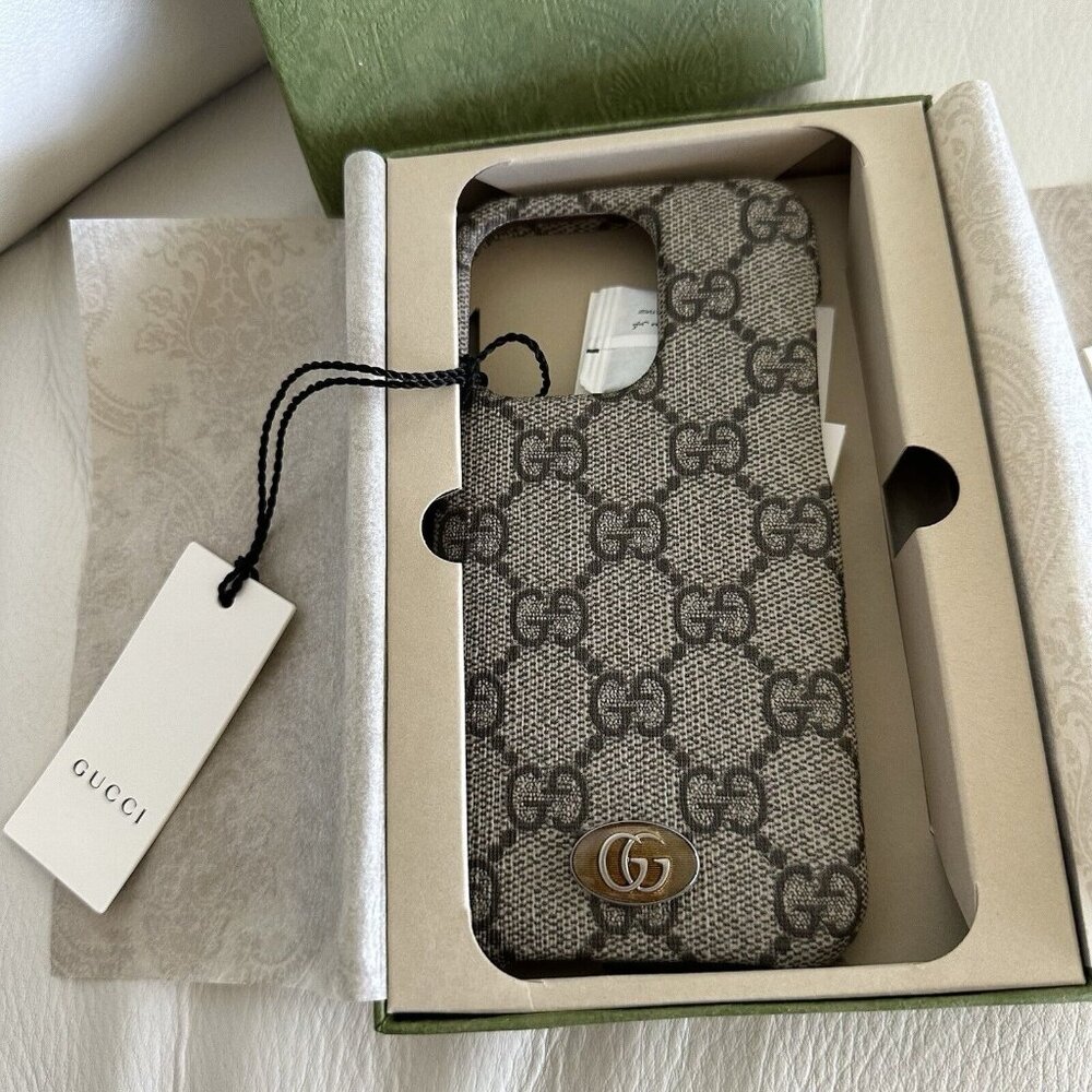 New GUCCI iPhone 14 PRO case Ophidia Supreme Brown GG Logo W/ Box - Picture 4 of 5